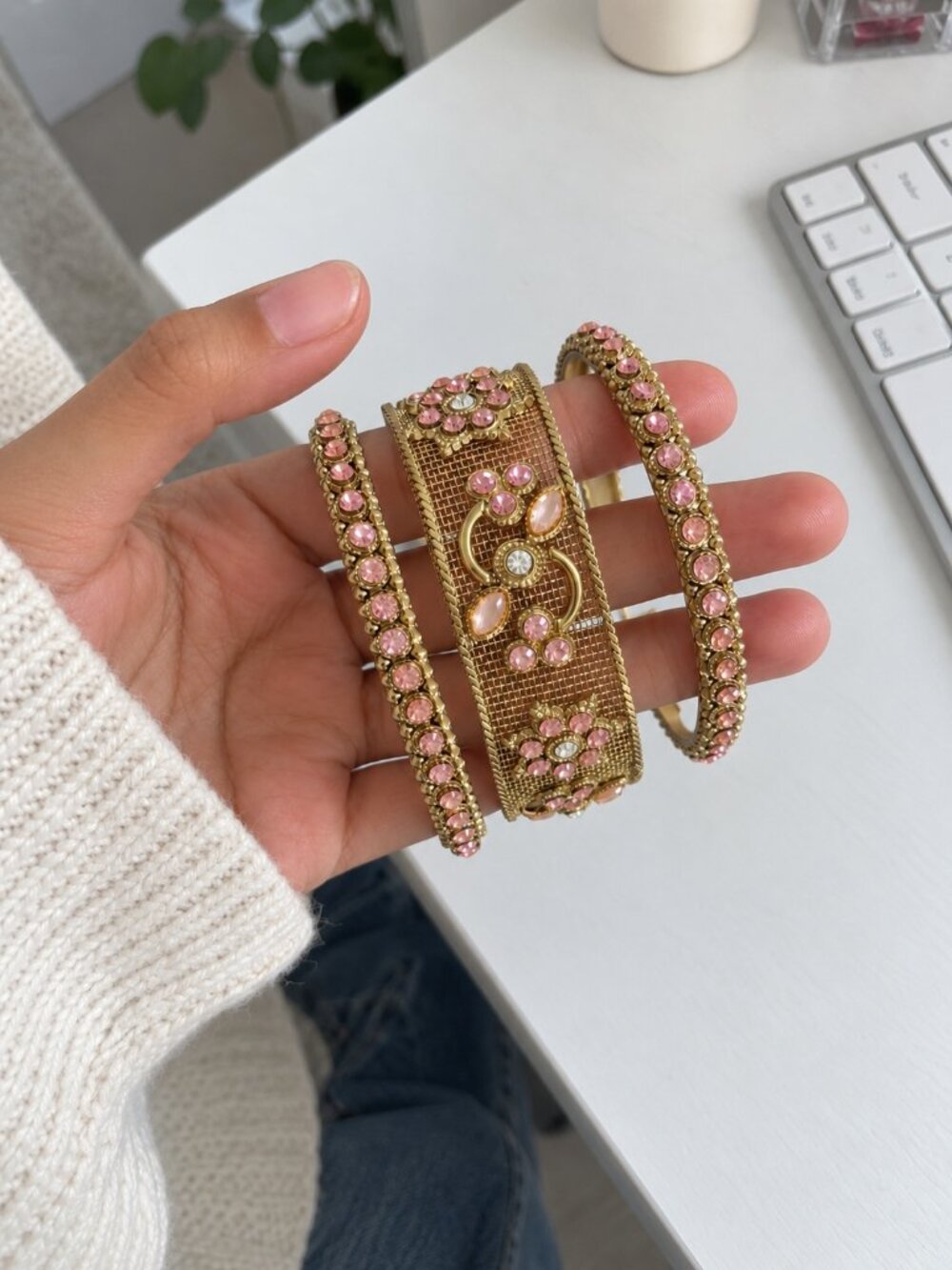 Gold Pink Rhinestone Floral Bangle Bracelet Set Y2K Coquette Stackable OS